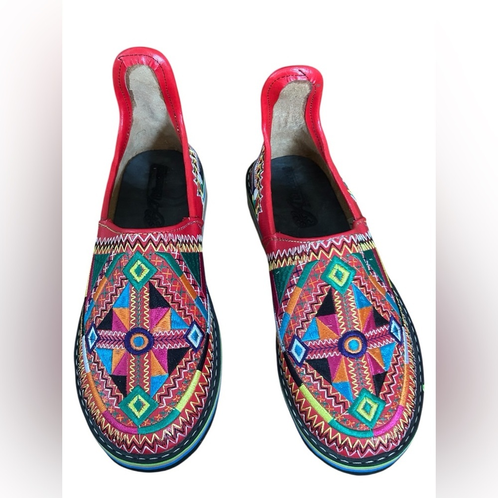 Moroccan Style Red Embroidered Babouche Mules Maximalist Folk Boho 8